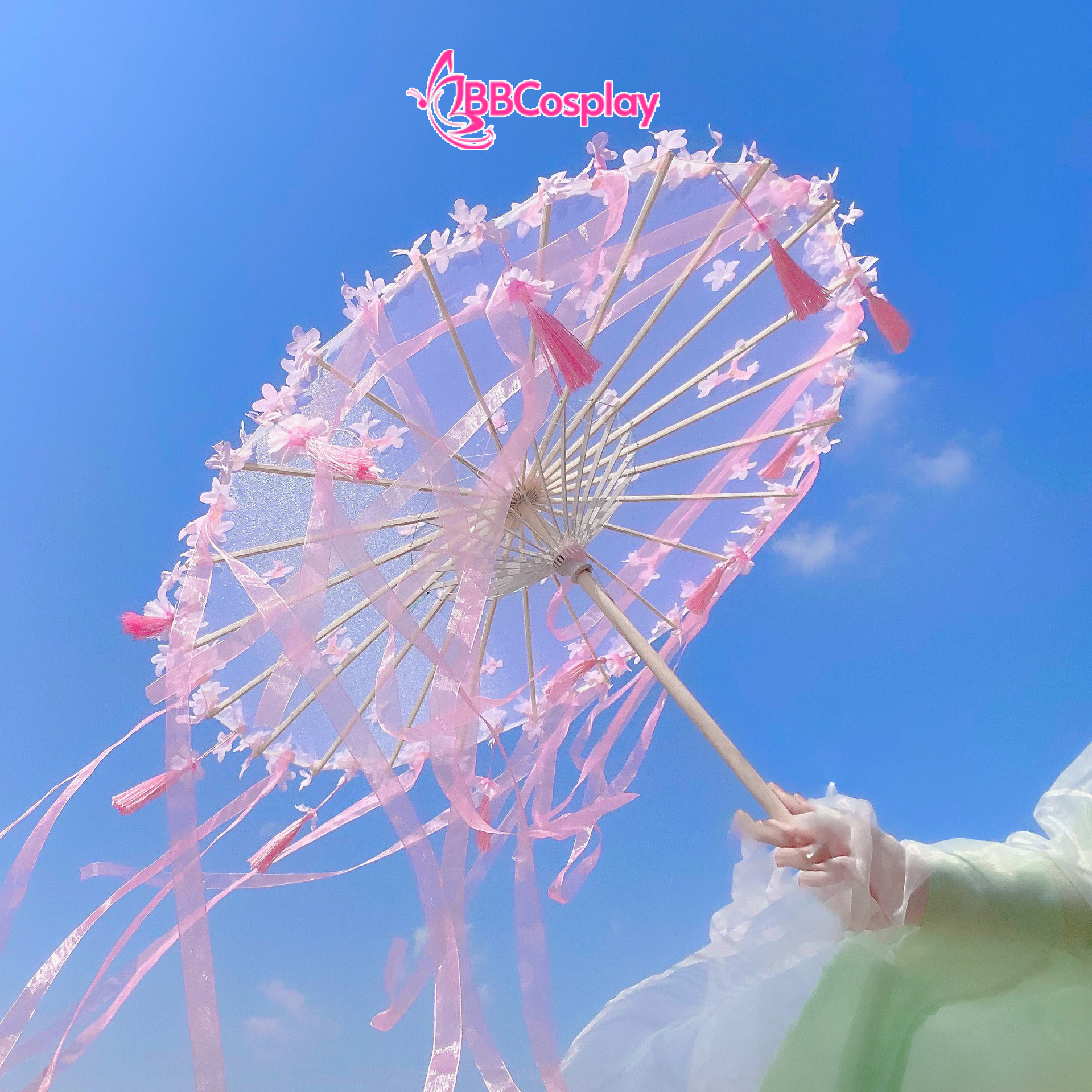 Dù Vải Cổ Trang Đính Hoa Có Tua Rua  80Cm Nhiều Màu