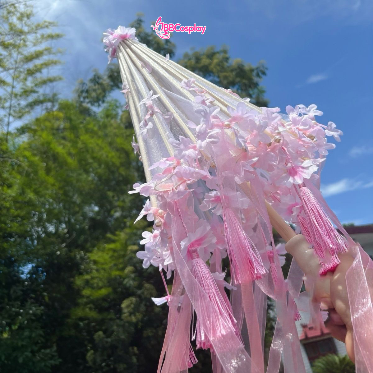 Dù Vải Cổ Trang Đính Hoa Có Tua Rua  80Cm Nhiều Màu