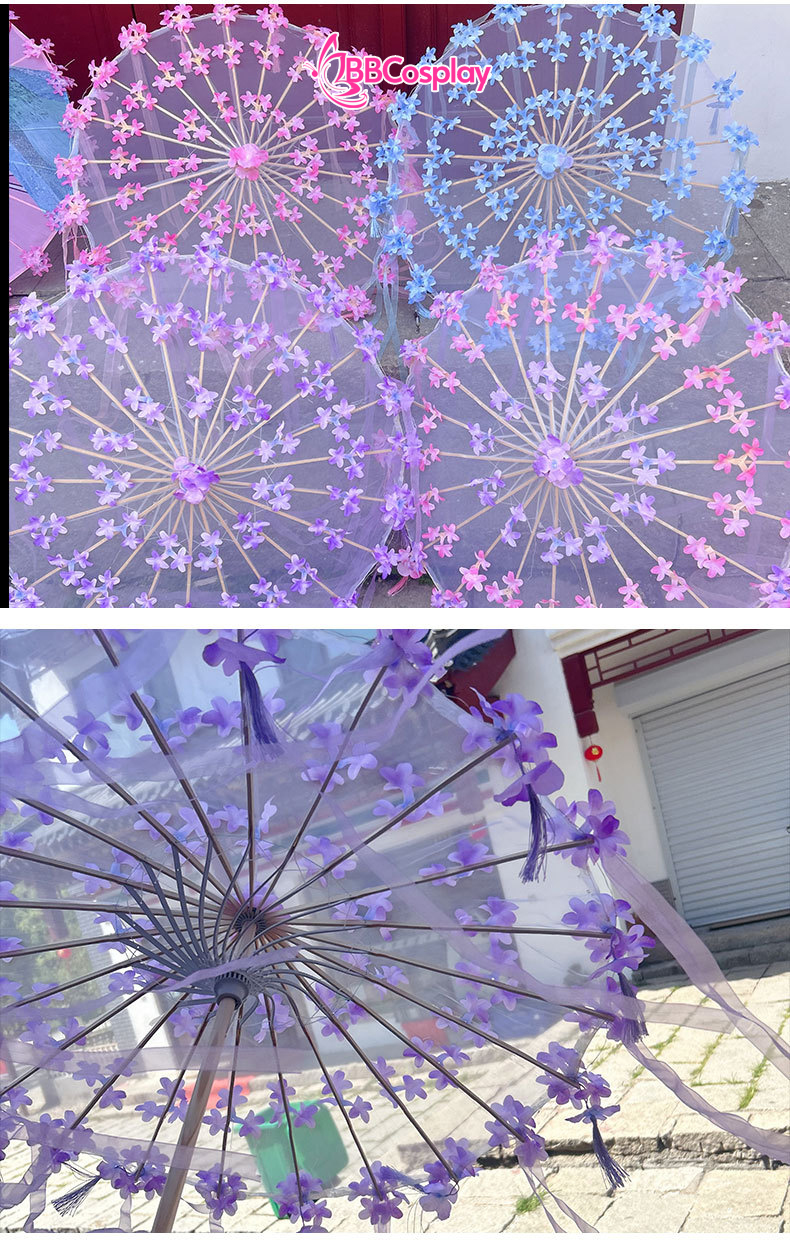 Dù Vải Cổ Trang Đính Hoa Có Tua Rua  80Cm Nhiều Màu