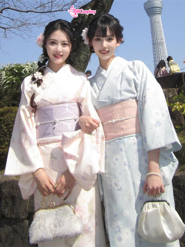 Áo Yukata Xanh Nhạt Pastel Hoa Nhuỵ Tím