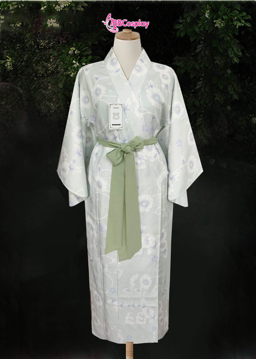 Áo Yukata Xanh Nhạt Pastel Hoa Nhuỵ Tím
