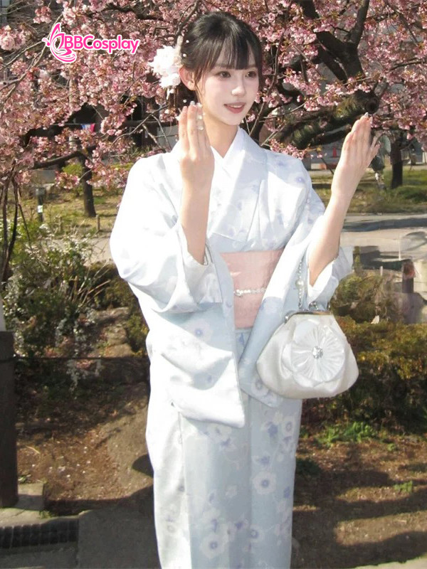 Áo Yukata Xanh Nhạt Pastel Hoa Nhuỵ Tím