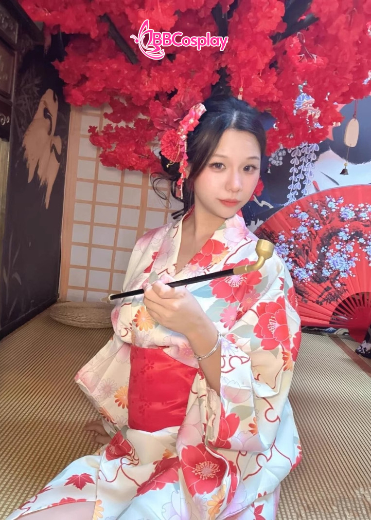 Áo Yukata Vàng Hoa Anh Đào Đỏ Hồng