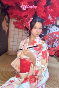 Áo Yukata Vàng Hoa Anh Đào Đỏ Hồng