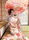 Áo Yukata Vàng Hoa Anh Đào Đỏ Hồng