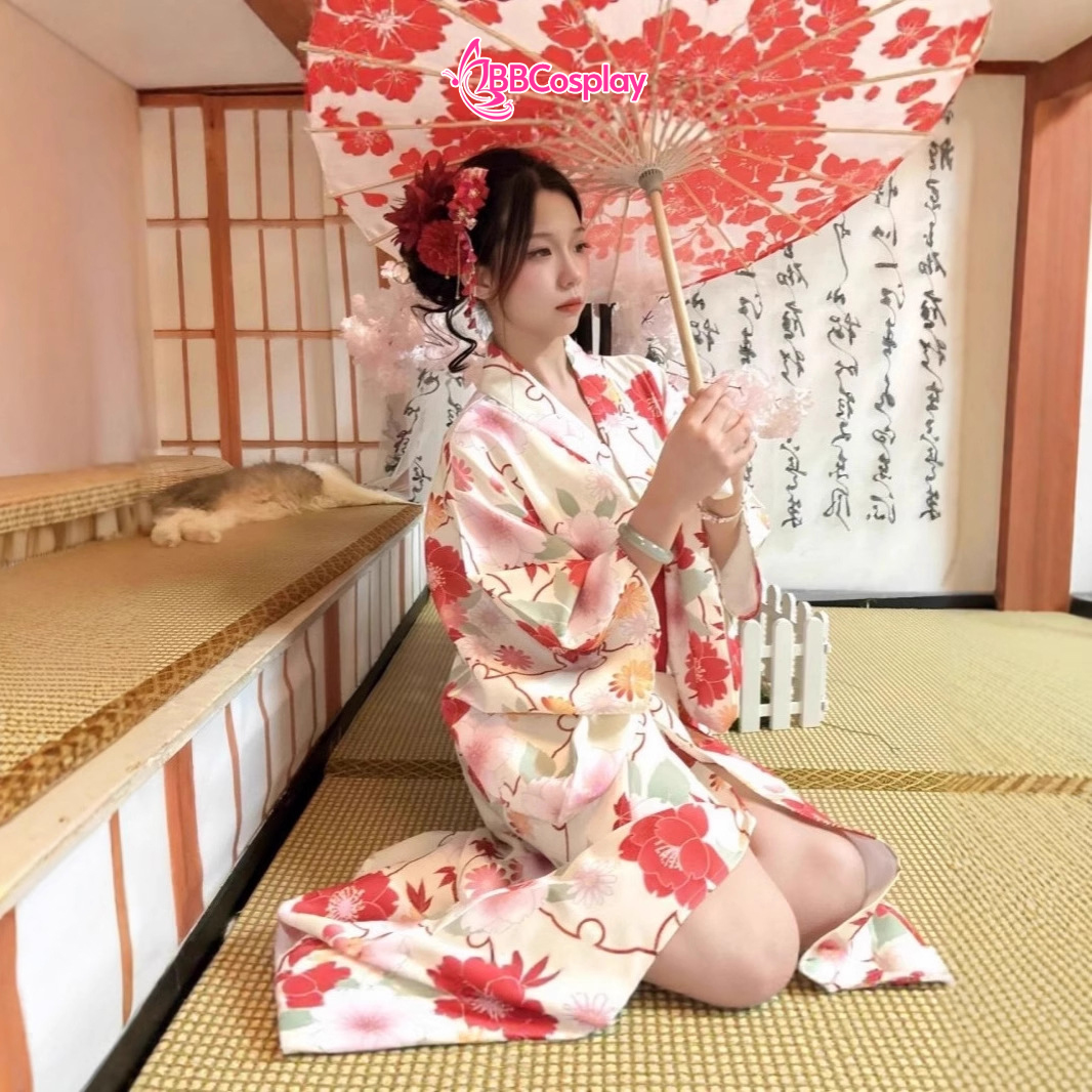 Áo Yukata Vàng Hoa Anh Đào Đỏ Hồng