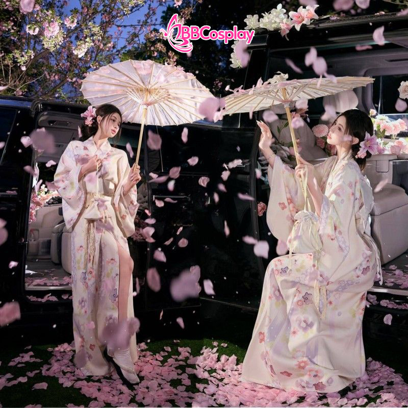Áo Yukata Vàng Hoa Mận Tím