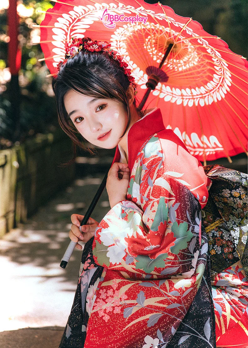 Dù Nghệ Thuật Wagasa Nhật Bản 1 Xoáy Dây Hoa - Đỏ