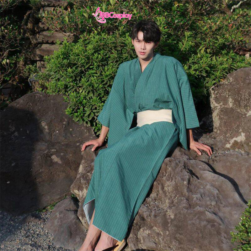 Nagagi Xanh Lá Sọc Trắng - Yukata Nam Xanh Lá Sọc Trắng