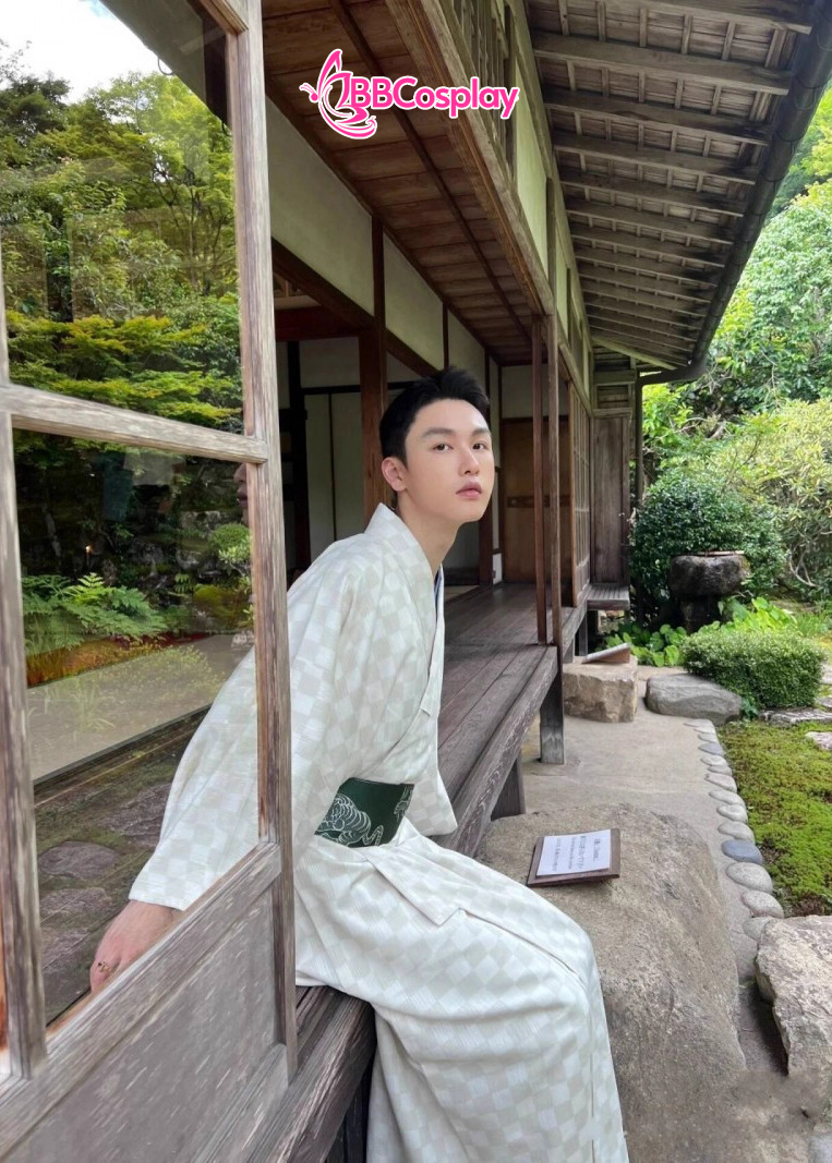 Nagagi Trắng Caro Màu Be - Yukata Nam Trắng Caro Màu Be