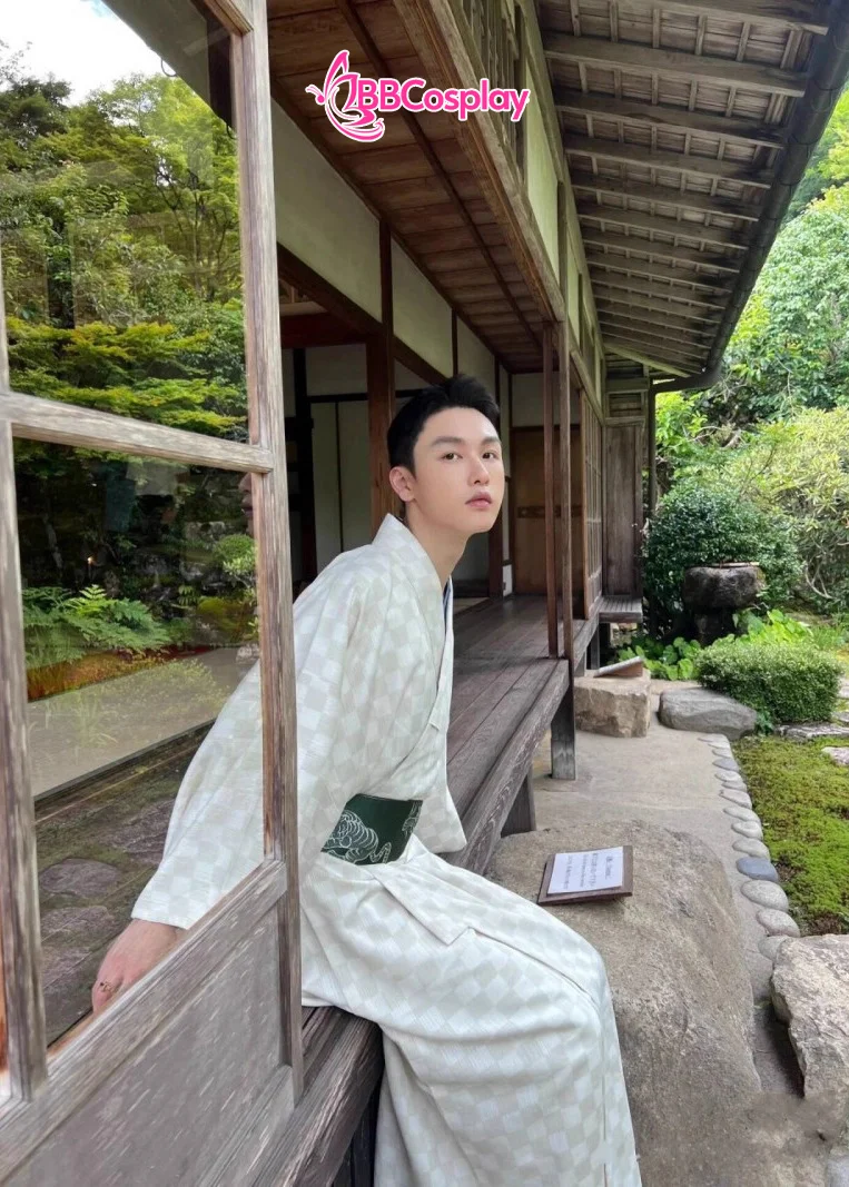 Nagagi Trắng Caro Màu Be - Yukata Nam Trắng Caro Màu Be