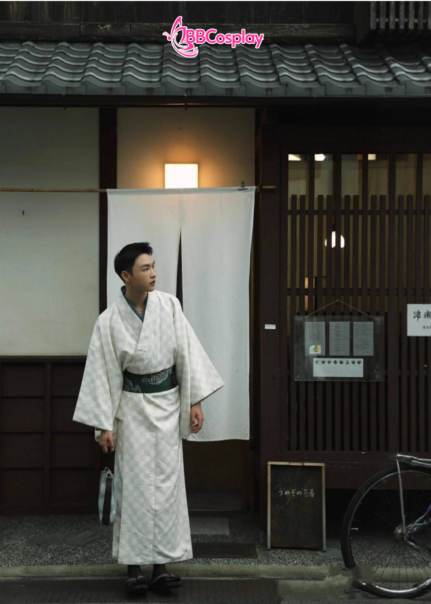 Nagagi Trắng Caro Màu Be - Yukata Nam Trắng Caro Màu Be