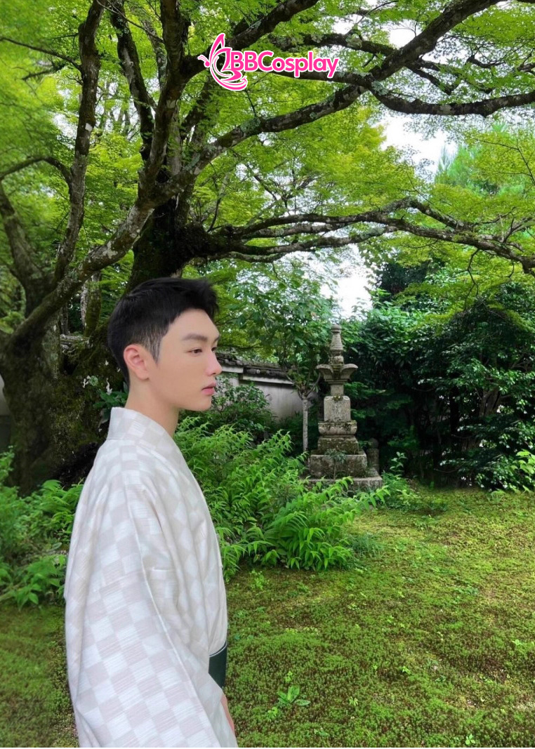 Nagagi Trắng Caro Màu Be - Yukata Nam Trắng Caro Màu Be