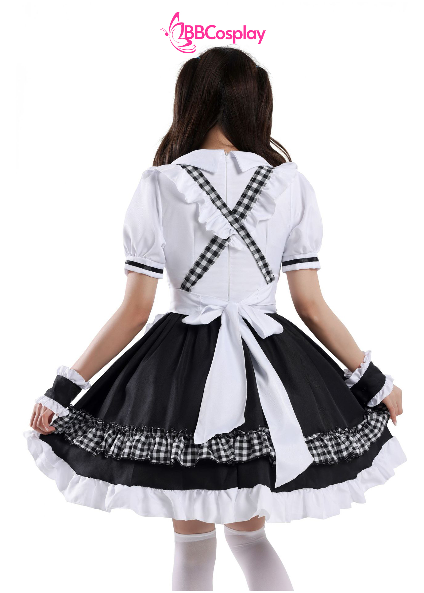 Trang Phục Nàng Hầu Cổ Lá Sen Kèm Tạp Dề Caro - Màu Đen