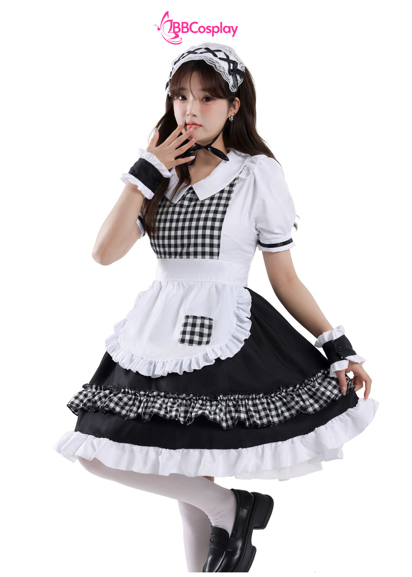 Trang Phục Nàng Hầu Cổ Lá Sen Kèm Tạp Dề Caro - Màu Đen