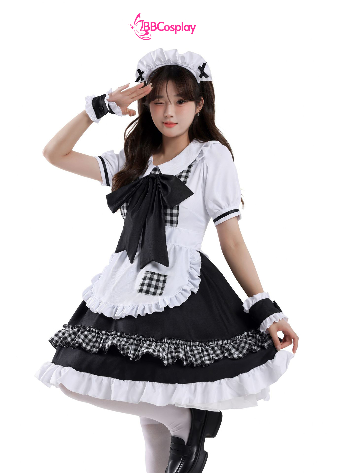 Trang Phục Nàng Hầu Cổ Lá Sen Kèm Tạp Dề Caro - Màu Đen