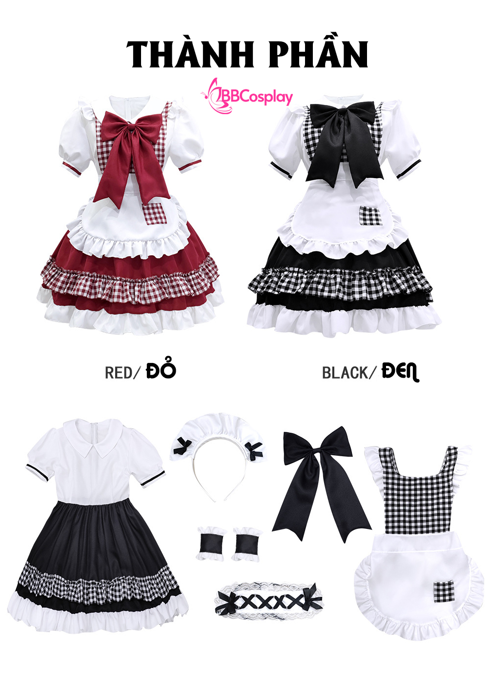 Trang Phục Nàng Hầu Cổ Lá Sen Kèm Tạp Dề Caro - Màu Đen