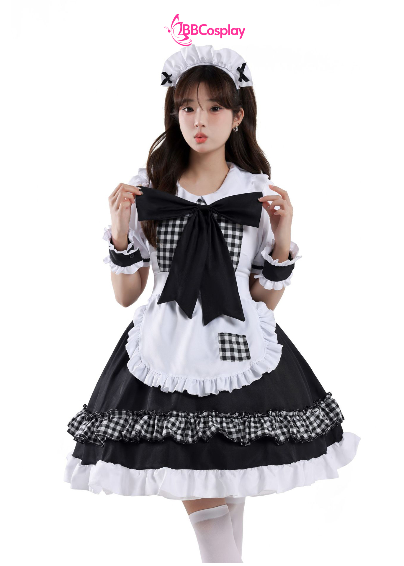 Trang Phục Nàng Hầu Cổ Lá Sen Kèm Tạp Dề Caro - Màu Đen