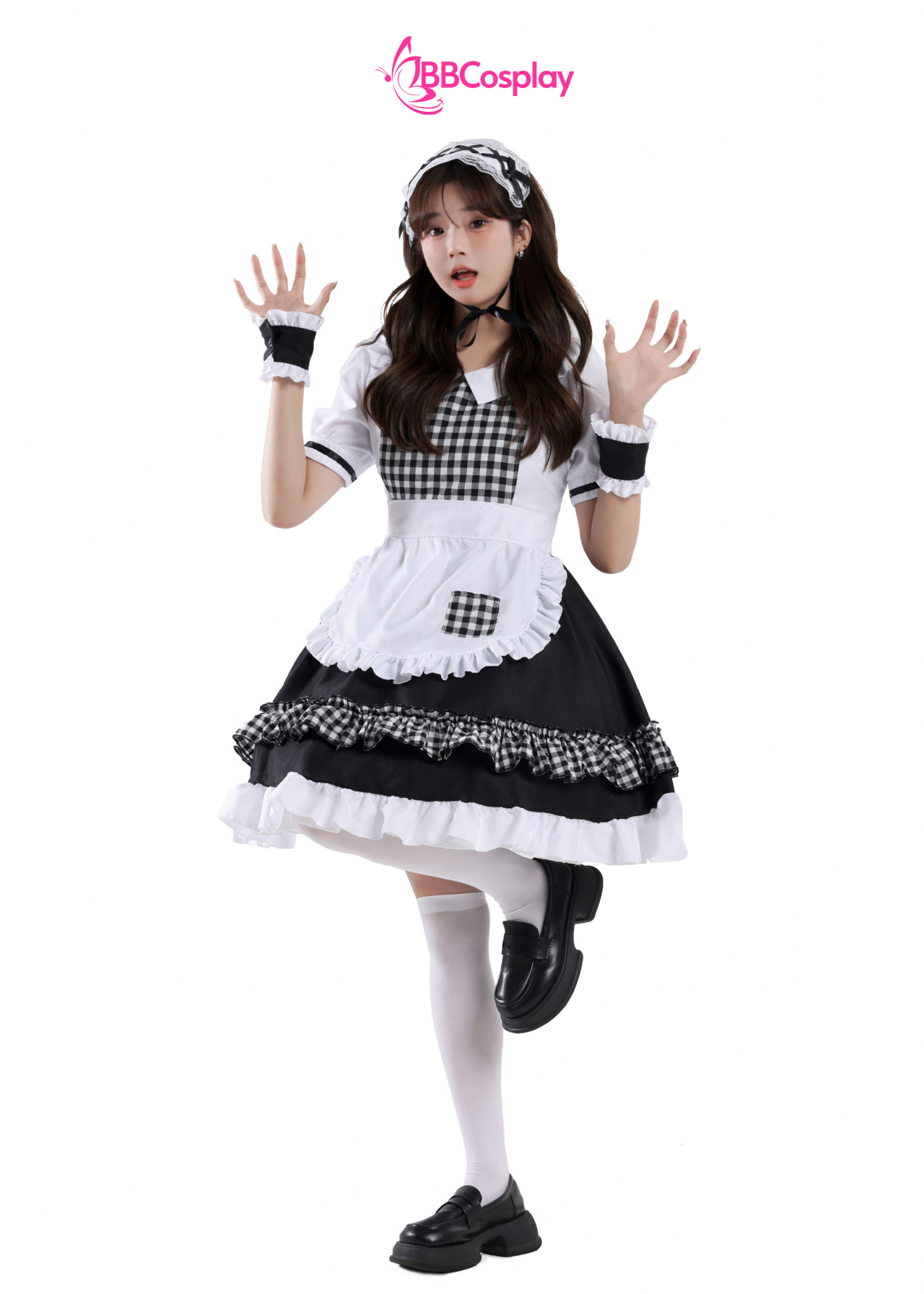 Trang Phục Nàng Hầu Cổ Lá Sen Kèm Tạp Dề Caro - Màu Đen