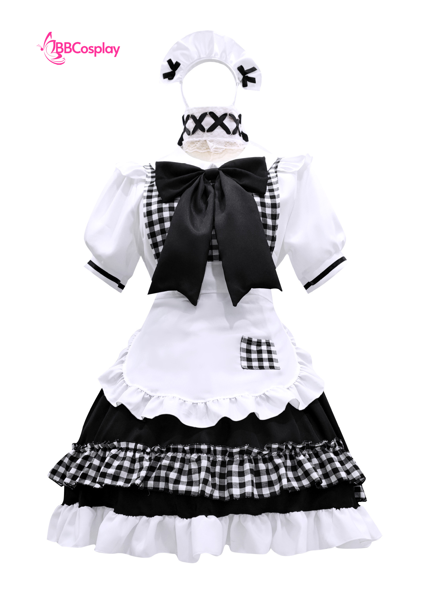 Trang Phục Nàng Hầu Cổ Lá Sen Kèm Tạp Dề Caro - Màu Đen