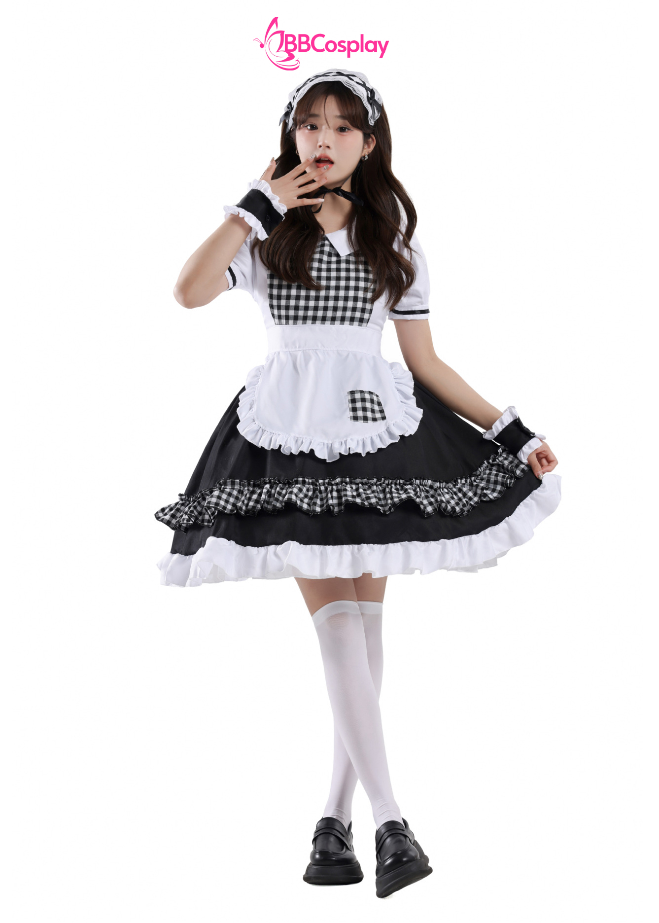 Trang Phục Nàng Hầu Cổ Lá Sen Kèm Tạp Dề Caro - Màu Đen