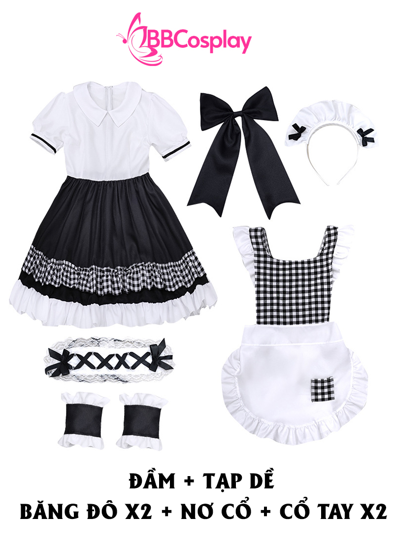 Trang Phục Nàng Hầu Cổ Lá Sen Kèm Tạp Dề Caro - Màu Đen