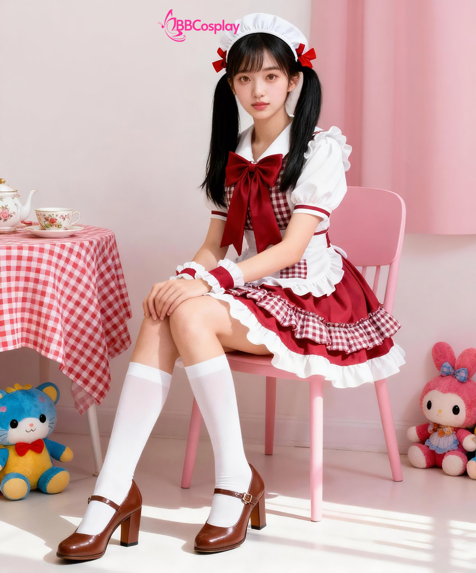 Trang Phục Nàng Hầu Cổ Lá Sen Kèm Tạp Dề Caro - Màu Đỏ