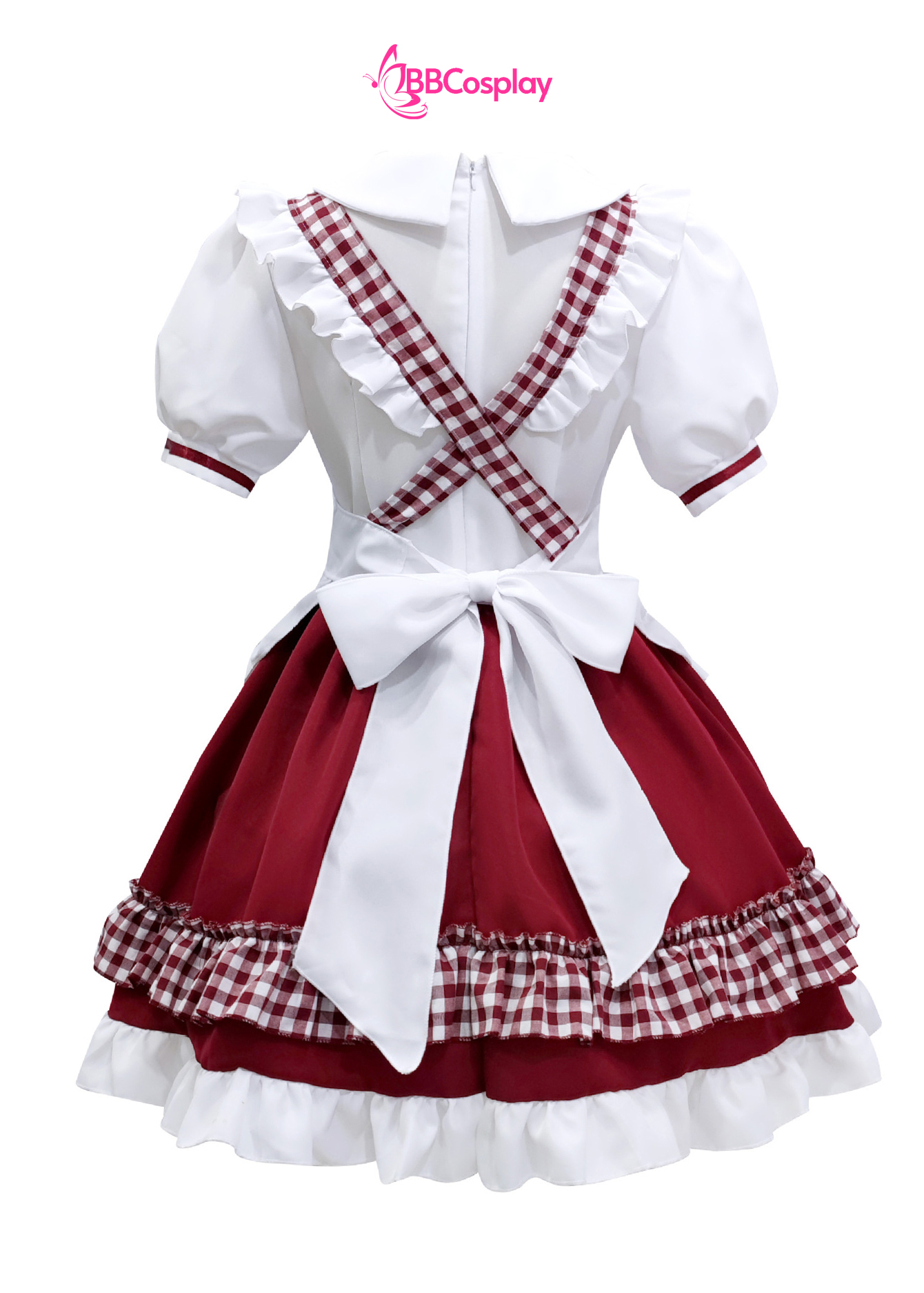 Trang Phục Nàng Hầu Cổ Lá Sen Kèm Tạp Dề Caro - Màu Đỏ