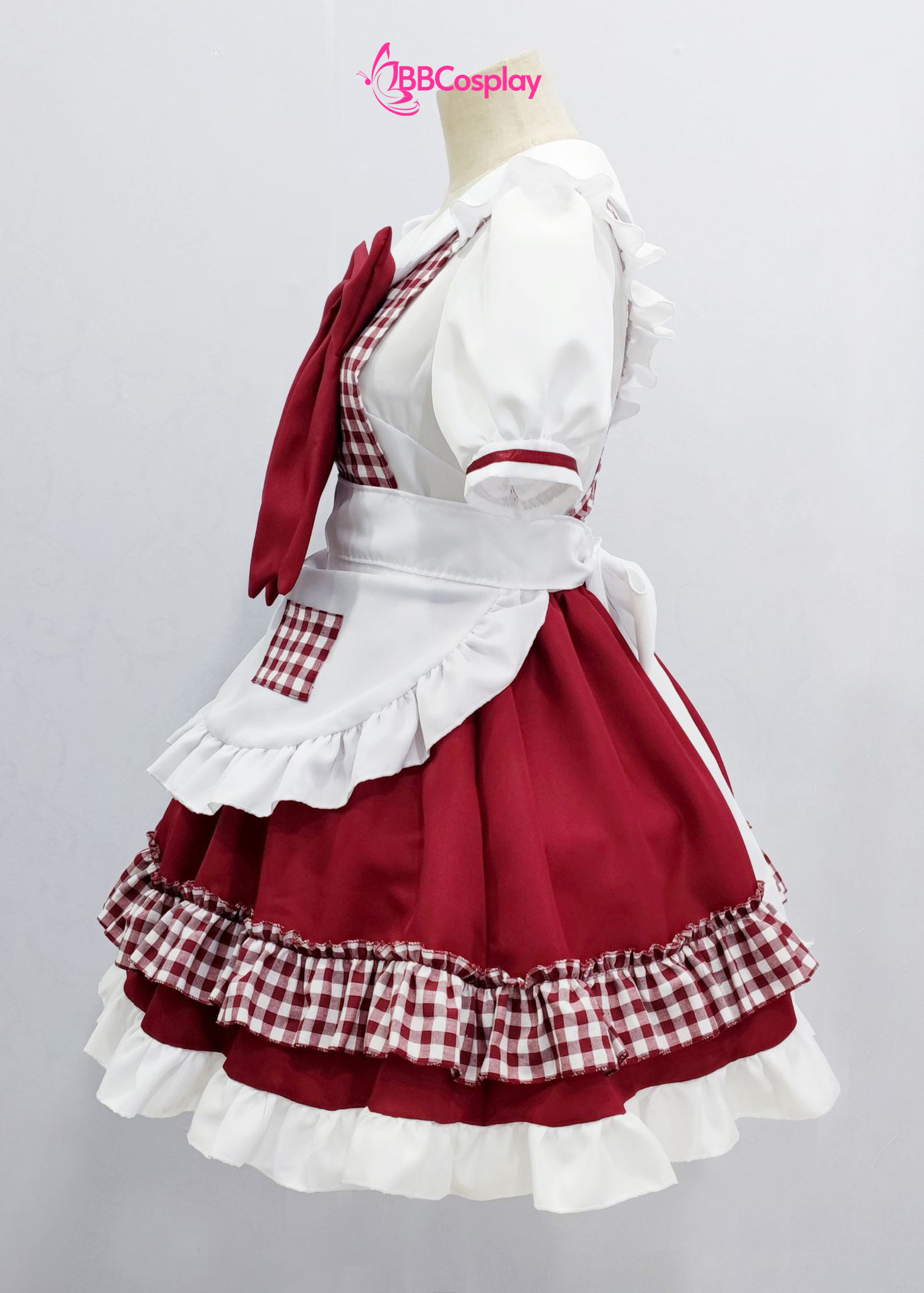 Trang Phục Nàng Hầu Cổ Lá Sen Kèm Tạp Dề Caro - Màu Đỏ