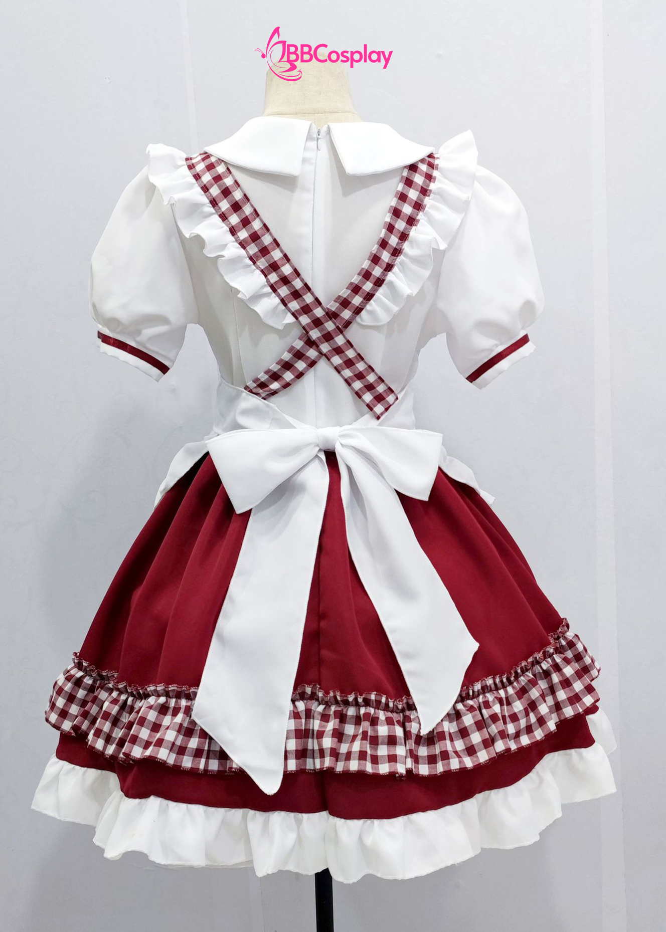 Trang Phục Nàng Hầu Cổ Lá Sen Kèm Tạp Dề Caro - Màu Đỏ