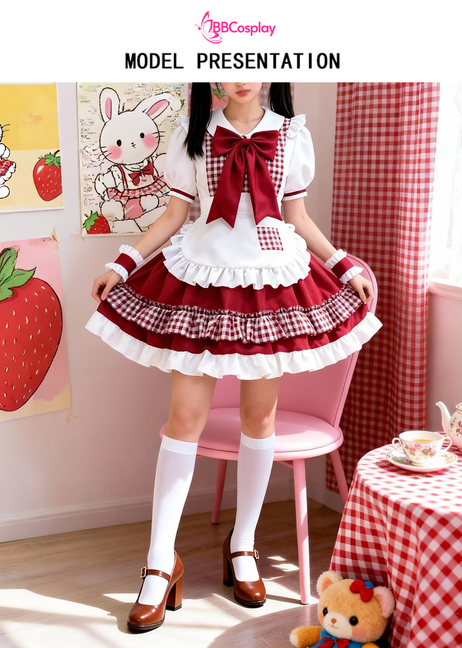 Trang Phục Nàng Hầu Cổ Lá Sen Kèm Tạp Dề Caro - Màu Đỏ