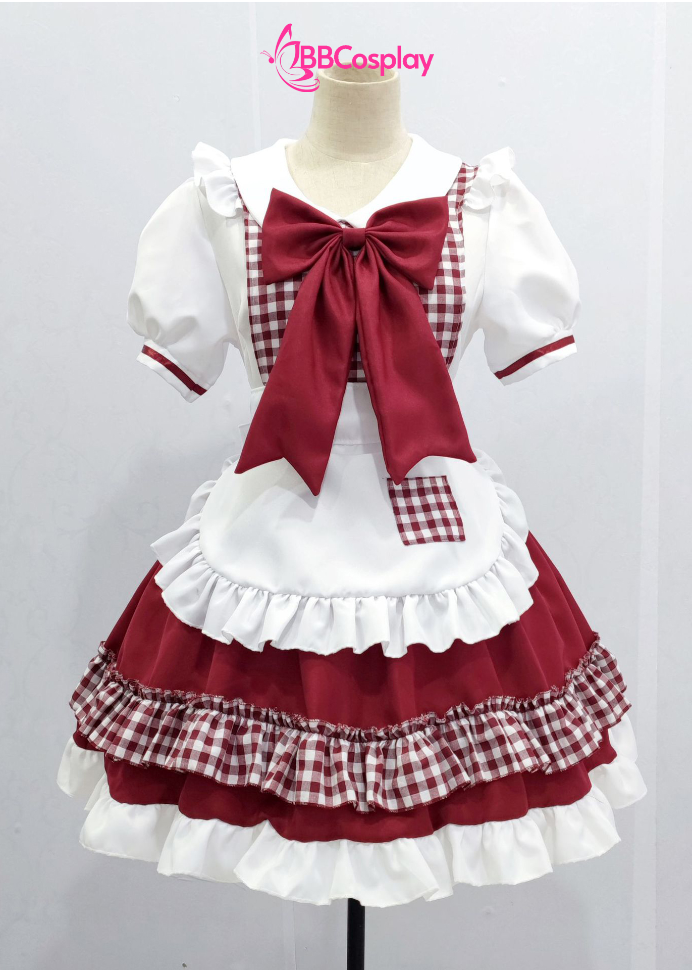 Trang Phục Nàng Hầu Cổ Lá Sen Kèm Tạp Dề Caro - Màu Đỏ