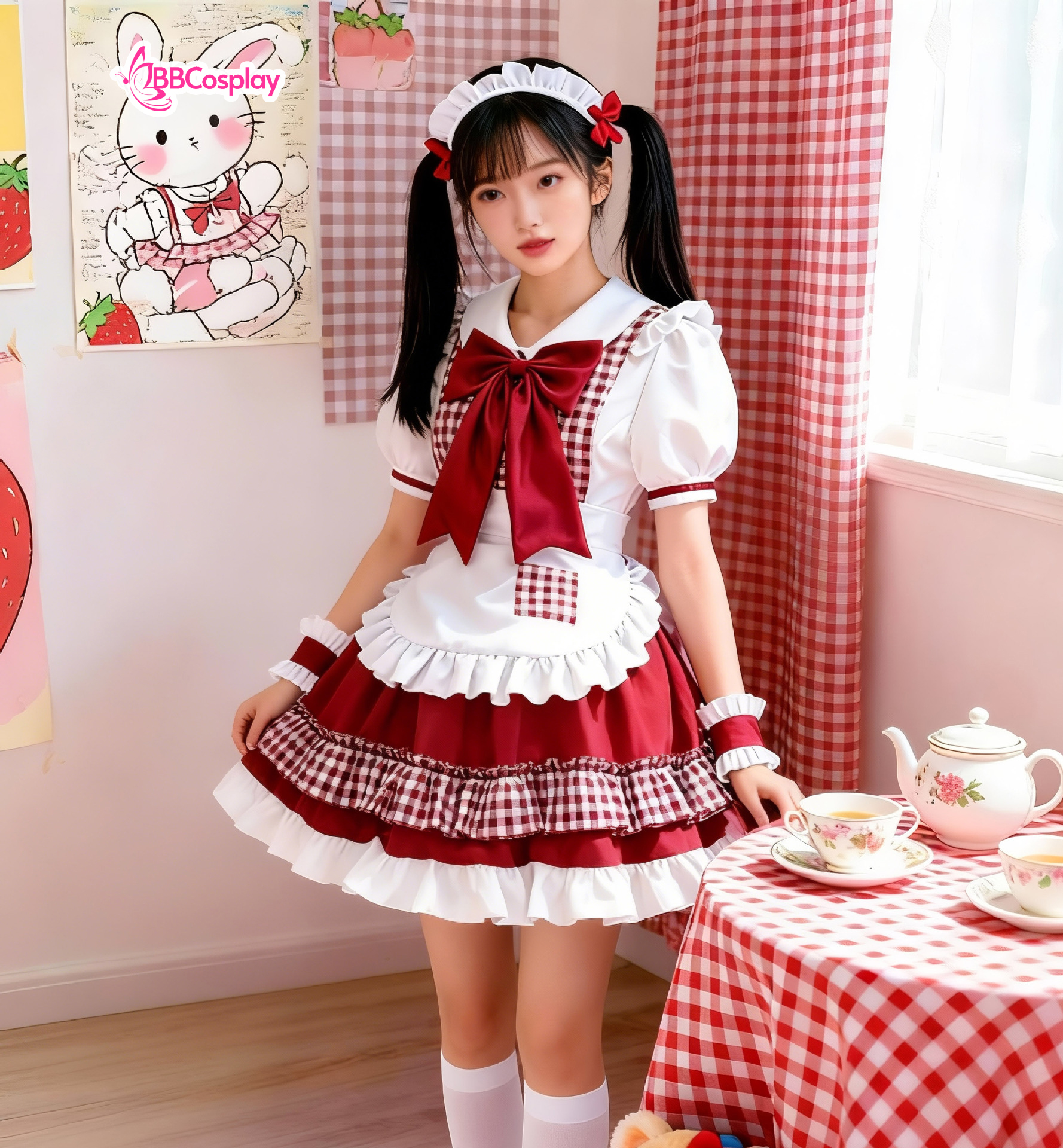 Trang Phục Nàng Hầu Cổ Lá Sen Kèm Tạp Dề Caro - Màu Đỏ