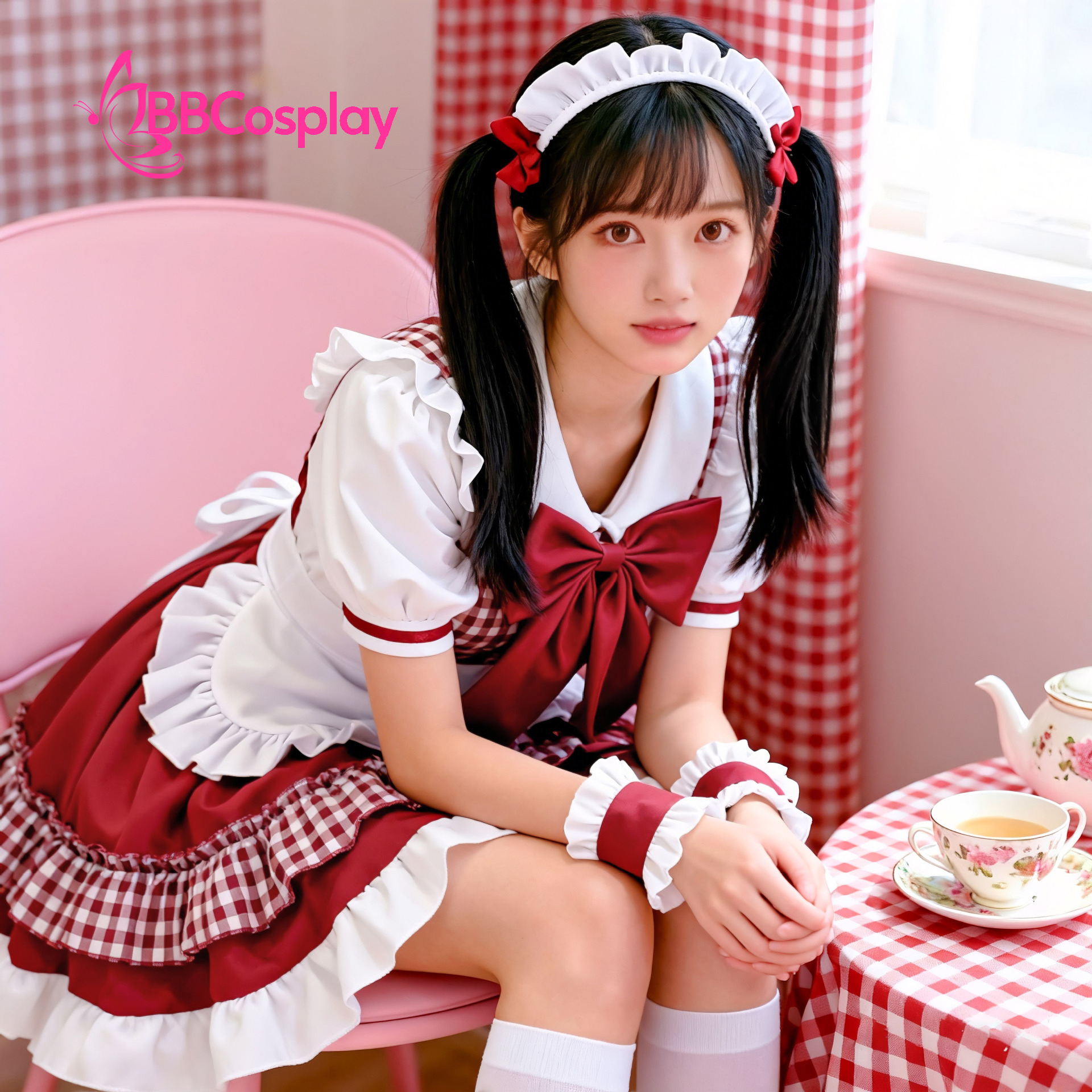 Trang Phục Nàng Hầu Cổ Lá Sen Kèm Tạp Dề Caro - Màu Đỏ