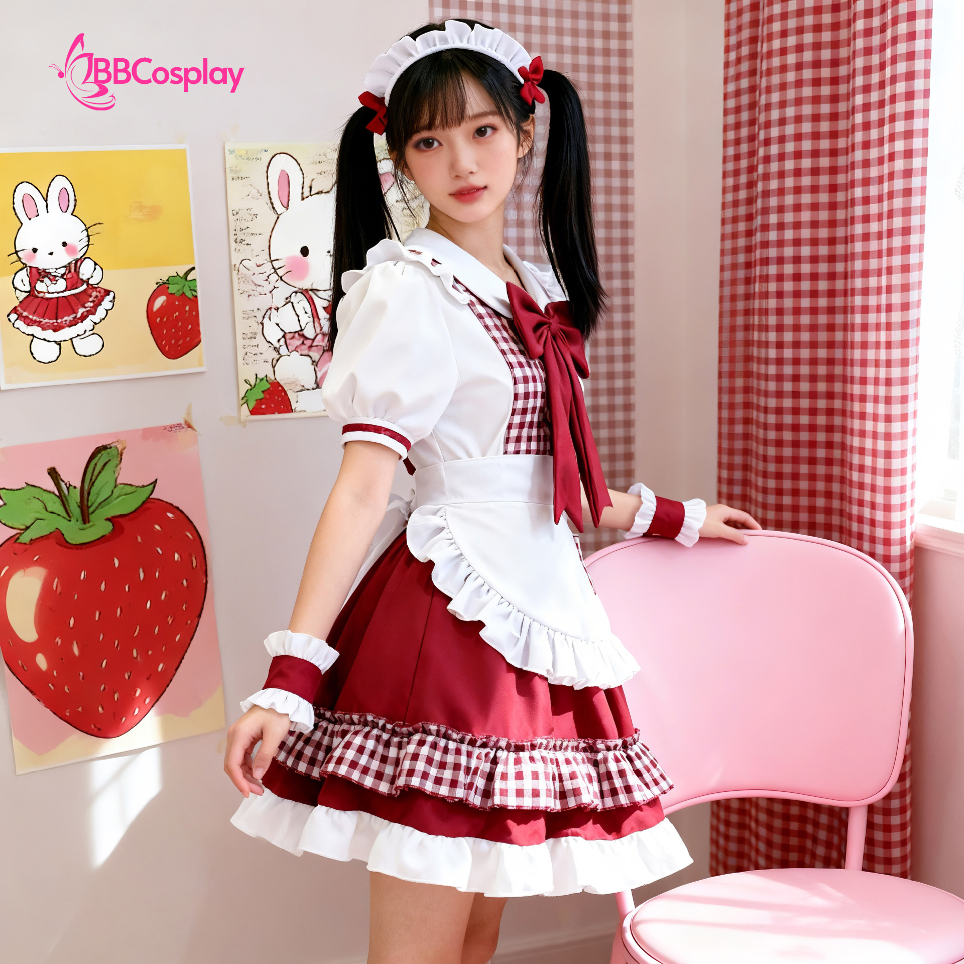 Trang Phục Nàng Hầu Cổ Lá Sen Kèm Tạp Dề Caro - Màu Đỏ