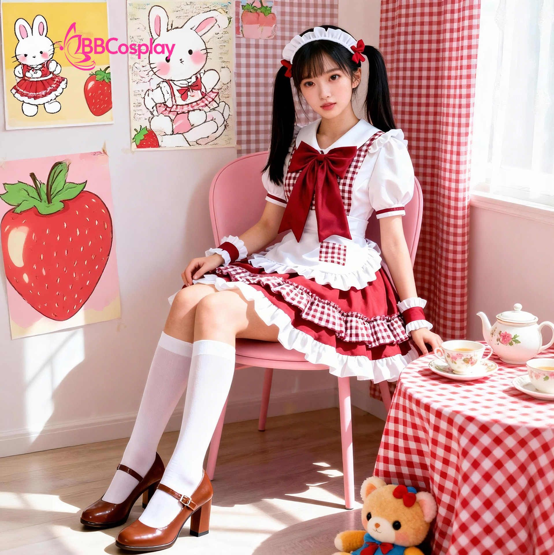 Trang Phục Nàng Hầu Cổ Lá Sen Kèm Tạp Dề Caro - Màu Đỏ