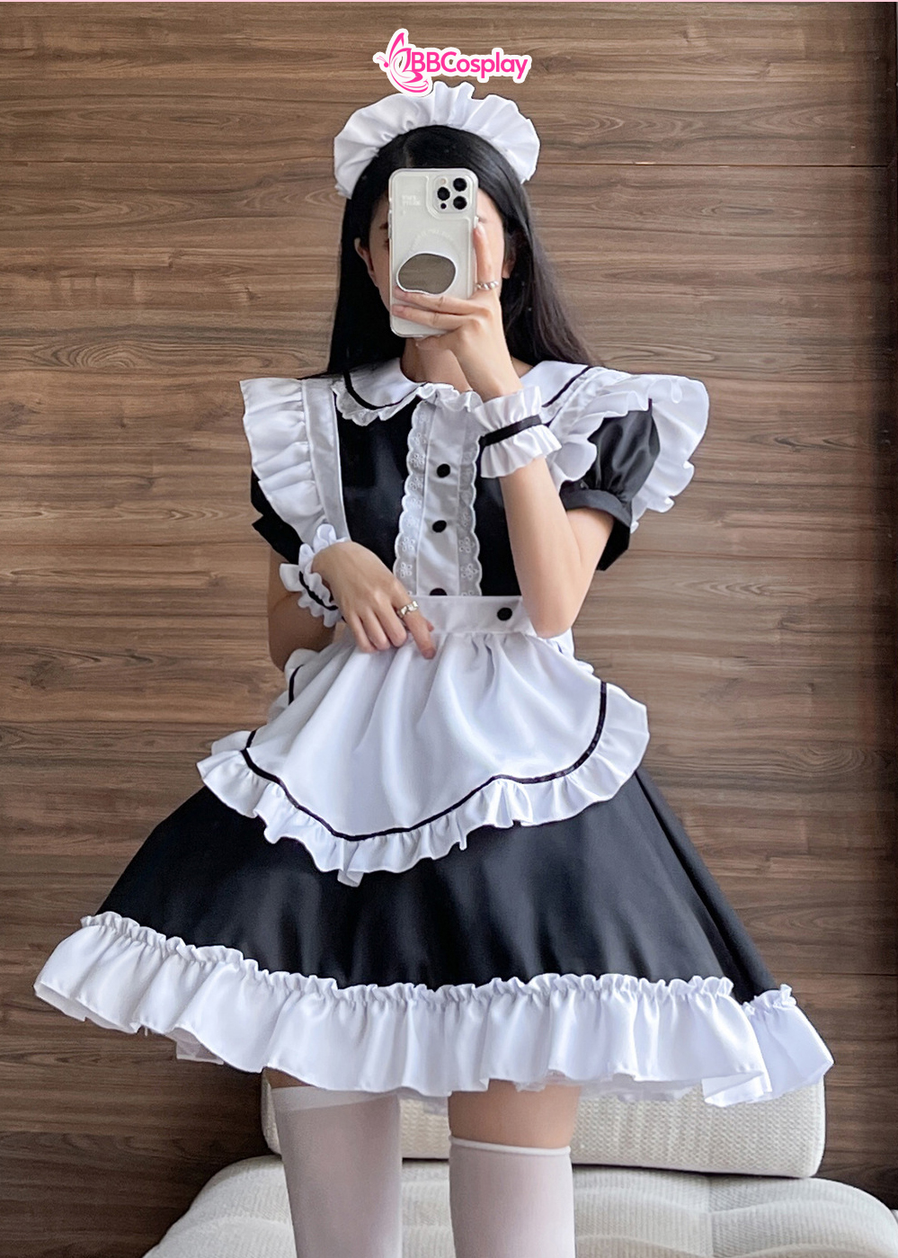 Trang Phục Nàng Hầu Nhật Đen Tạp Dề Trắng Cổ Áo Lá Sen