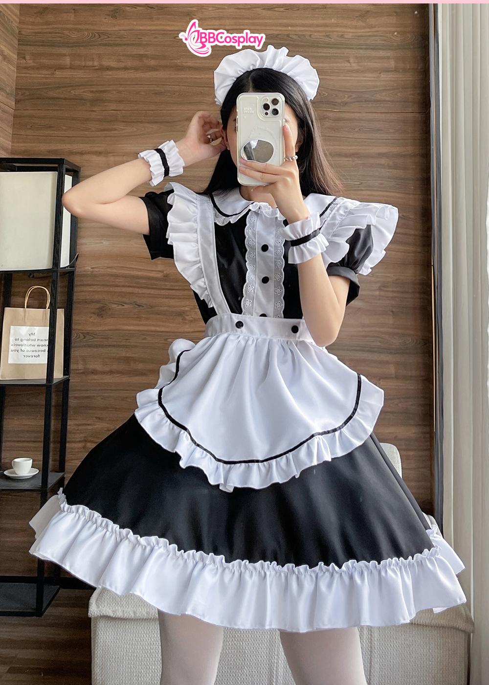 Trang Phục Nàng Hầu Nhật Đen Tạp Dề Trắng Cổ Áo Lá Sen