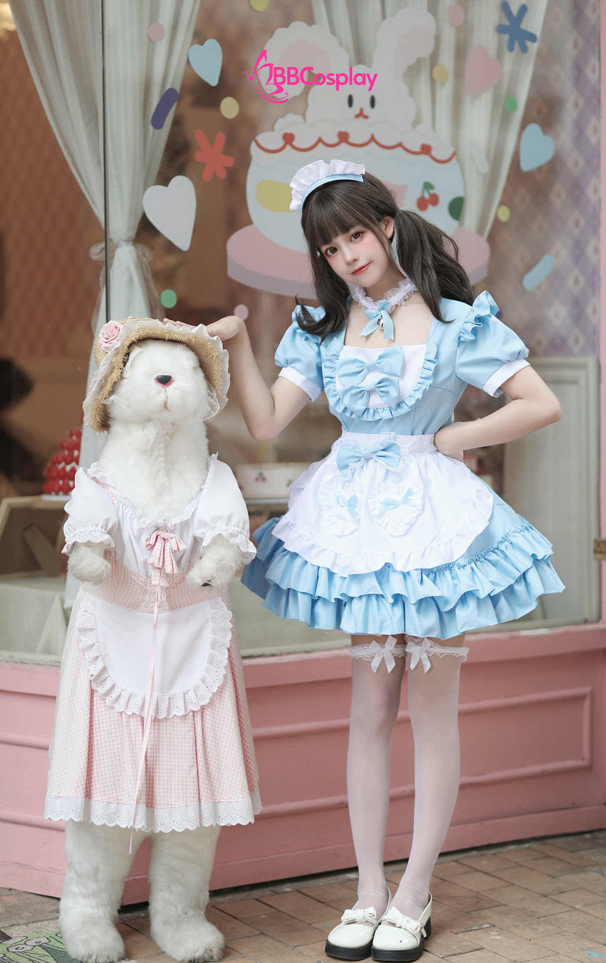 Đồ Nàng Hầu Maid Xanh Dương Tạp Dề Trắng Kèm Nhiều Nơ