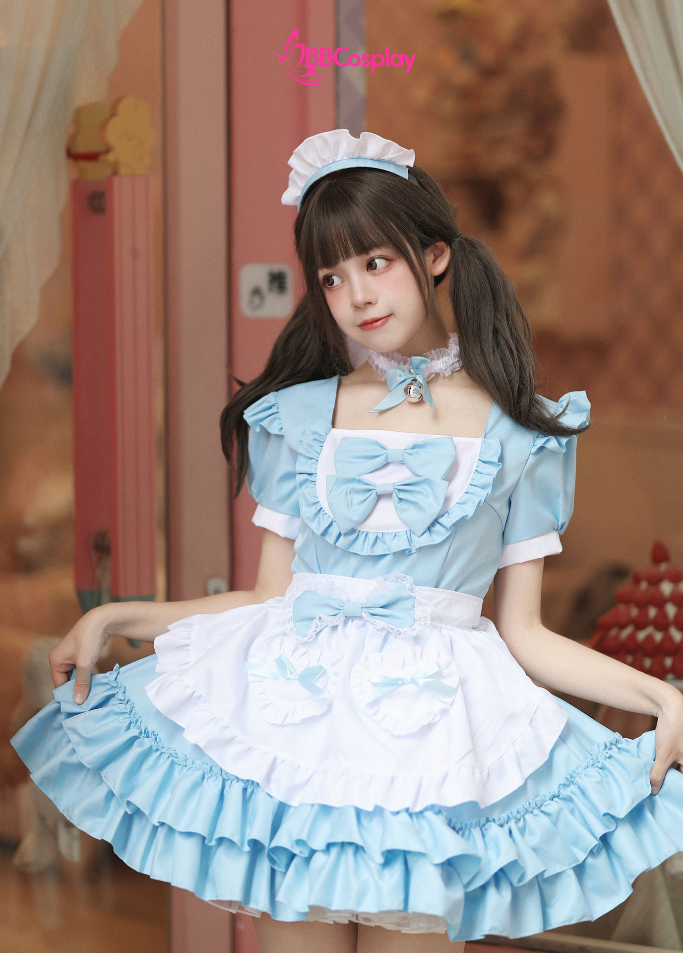 Đồ Nàng Hầu Maid Xanh Dương Tạp Dề Trắng Kèm Nhiều Nơ