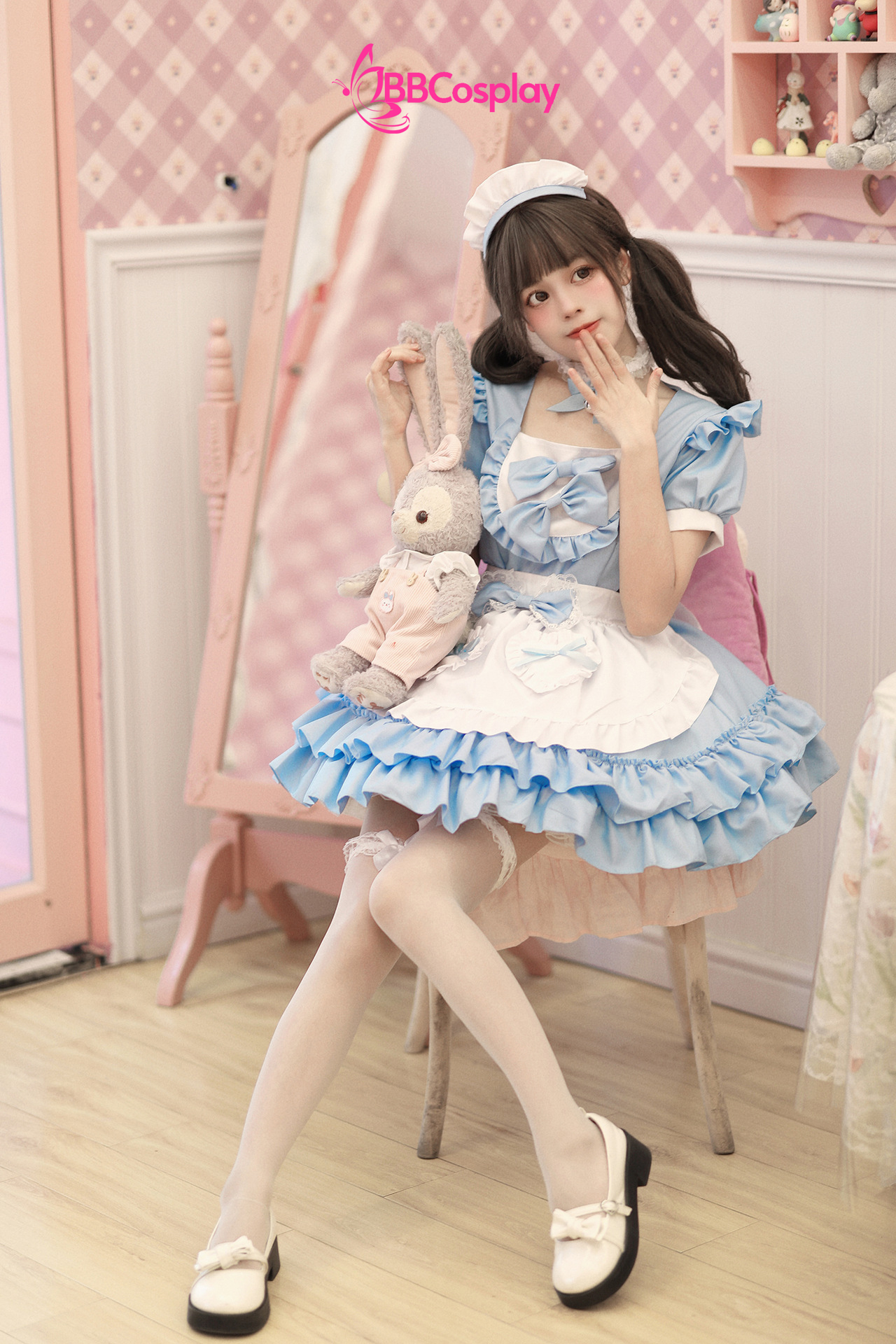 Đồ Nàng Hầu Maid Xanh Dương Tạp Dề Trắng Kèm Nhiều Nơ