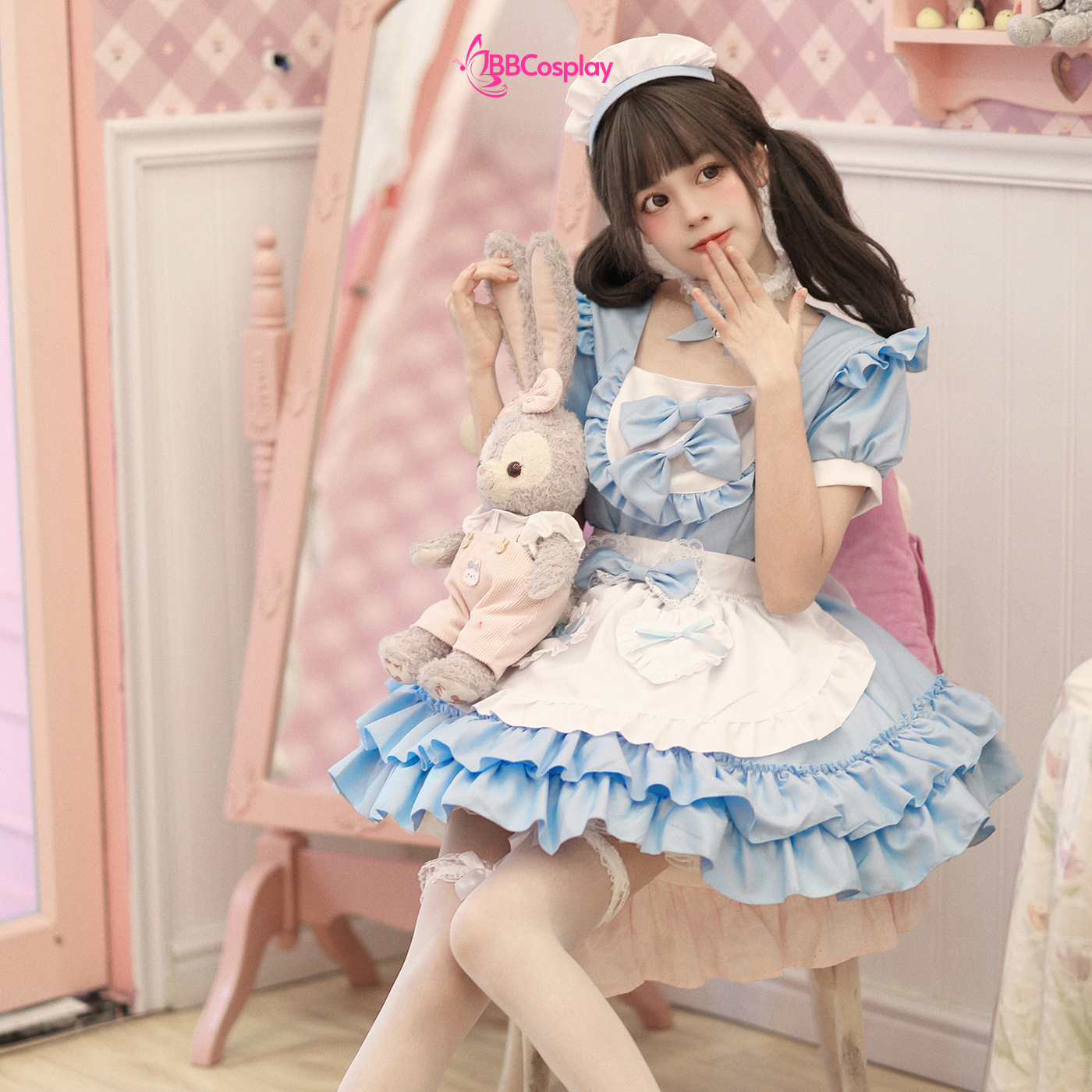 Đồ Nàng Hầu Maid Xanh Dương Tạp Dề Trắng Kèm Nhiều Nơ