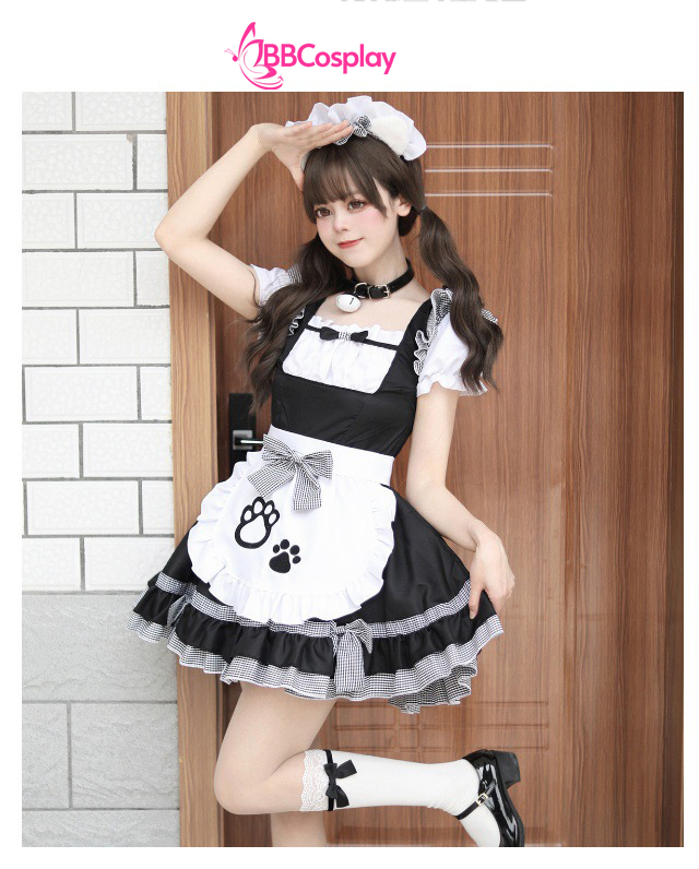 Trang Phục Lolita Đen Trắng Thêu Hoạ Tiết Chân Mèo Kèm Chuông Cổ