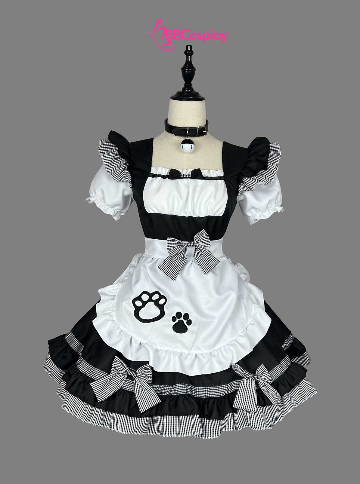 Trang Phục Lolita Đen Trắng Thêu Hoạ Tiết Chân Mèo Kèm Chuông Cổ