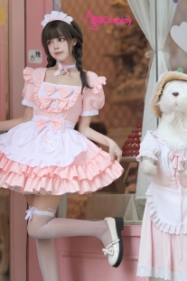 Đồ Nàng Hầu Maid Hồng Tạp Dề Trắng Kèm Nhiều Nơ