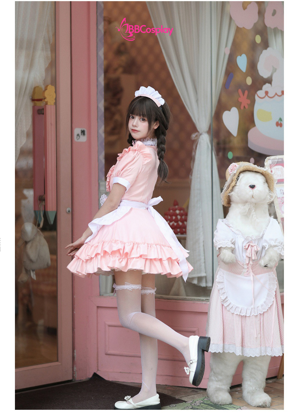 Đồ Nàng Hầu Maid Hồng Tạp Dề Trắng Kèm Nhiều Nơ