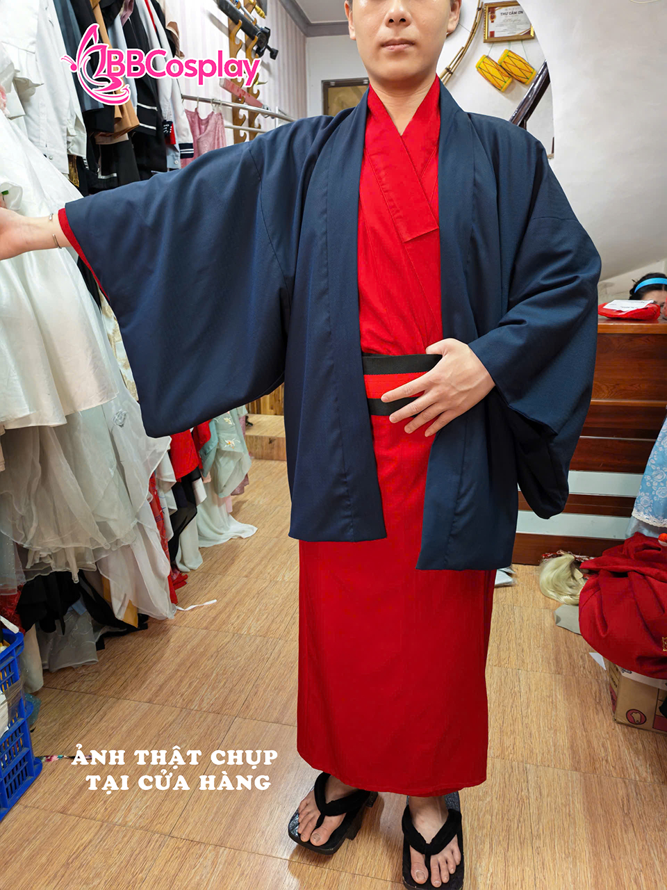 Trang Phục Nam Nhật Bản Nagagi Đỏ Kèm Khoác Xanh Đen - HÀNG SHOP MAY
