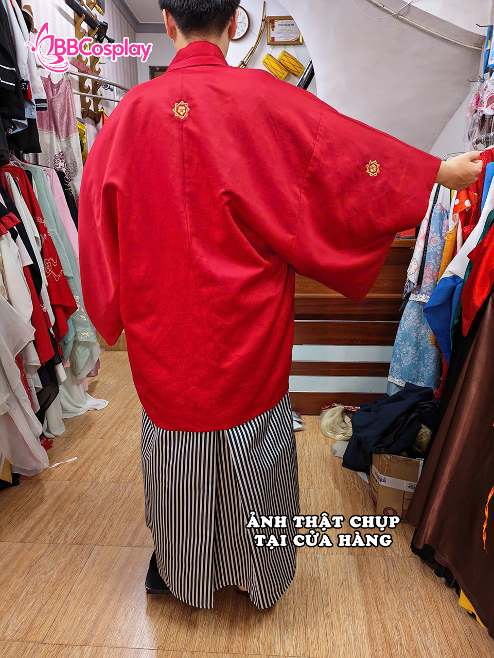 Trang Phục Samurai Áo Đỏ Quần Đen Sọc Trắng Có Kèm Khoác - HÀNG SHOP MAY