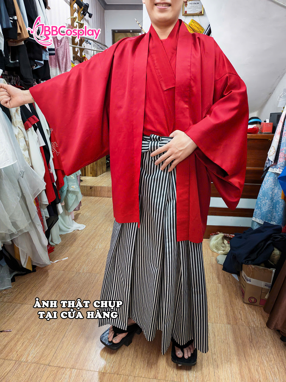 Trang Phục Samurai Áo Đỏ Quần Đen Sọc Trắng Có Kèm Khoác - HÀNG SHOP MAY