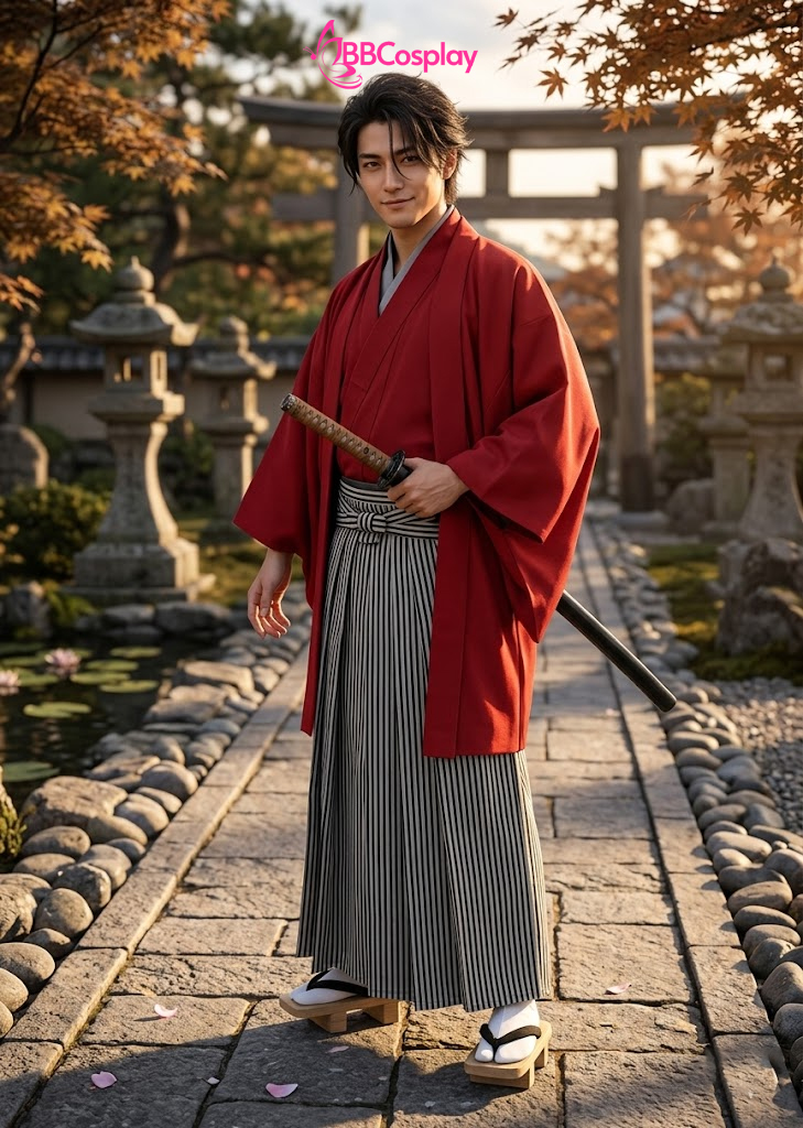 Trang Phục Samurai Áo Đỏ Quần Đen Sọc Trắng Có Kèm Khoác - HÀNG SHOP MAY